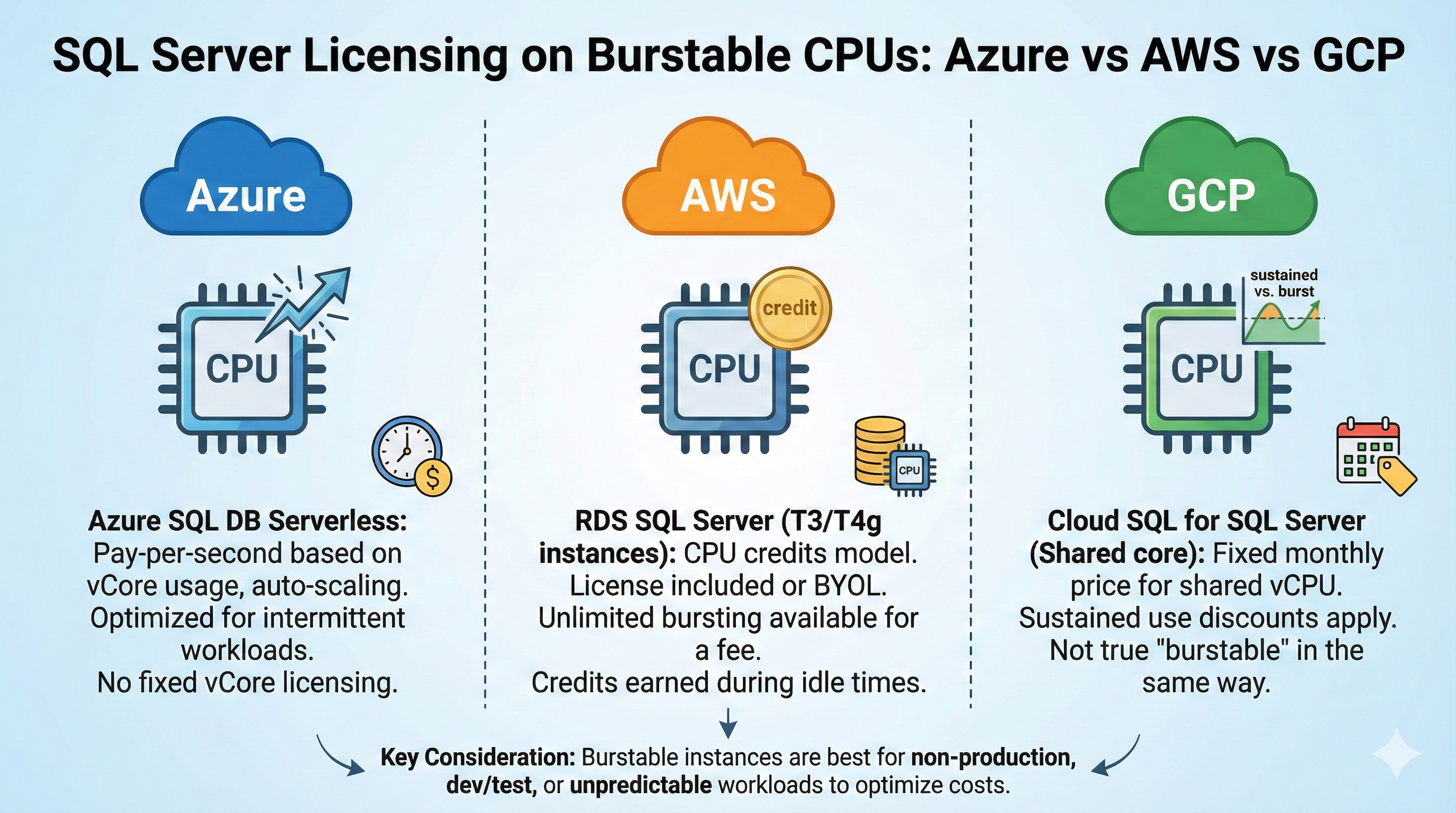 SQL Server Licensing on Burstable CPUs Azure vs AWS vs GCP